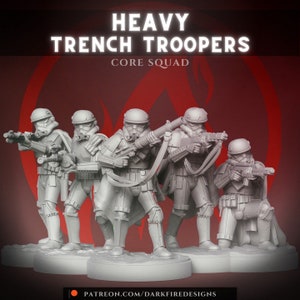 May include: Five gray plastic miniatures of Star Wars Imperial Trench Troopers, standing in a line. The figures are holding weapons and are wearing helmets and armor. The text "HEAVY TRENCH TROOPERS CORE SQUAD" is at the top of the image.