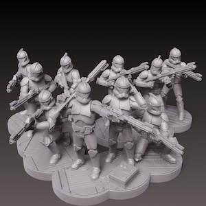 May include: A group of gray-colored clone trooper figurines, each holding a blaster rifle. The figures are posed on a platform with a detailed, futuristic design. The troopers are wearing helmets and armor.