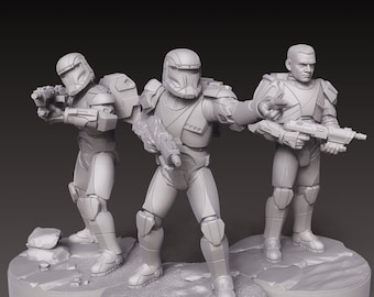 May include: Three gray plastic action figures of soldiers wearing helmets and holding guns. The figures are standing on gray bases.