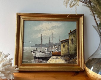 Vintage Fishing Boats Coastal Theme Oil Painting