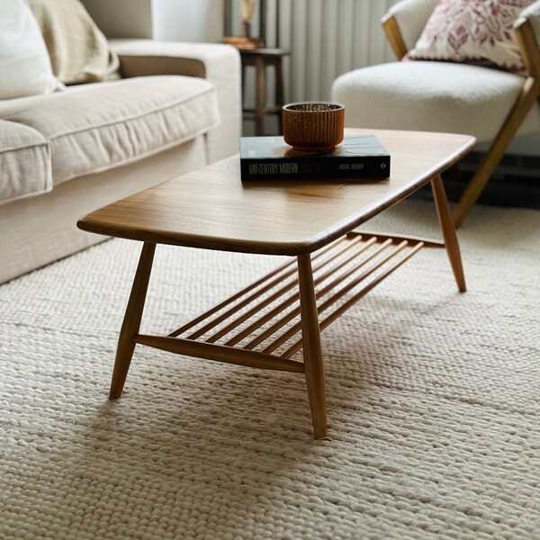 Rectangular Ercol Mid Century Elm Coffee Table with Magazine Rack