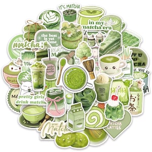 50Pcs Matcha Aesthetic Stickers | Green Style Sticker Pack | Kawaii Matcha Dessert Decals | Scrapbook, Laptop, Kindle, Planner