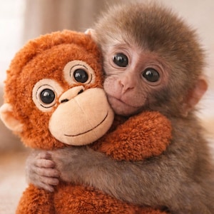 May include: A baby monkey hugging a stuffed orangutan toy. The monkey has brown fur and large, dark eyes. The orangutan toy is orange with a smiling face and big eyes. The monkey's arms are wrapped around the toy.