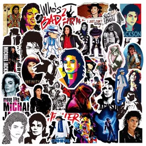 Könnte beinhalten: Eine Sammlung von Aufklebern mit verschiedenen Bildern von Michael Jackson in unterschiedlichen Posen und Stilen. Einige Aufkleber enthalten Texte wie "Who's Bad" und "Smooth Criminal". Die Aufkleber sind in verschiedenen Farben und Designs.