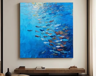 大きな魚の群れを描いた油絵、手描きのインパスト海洋アート - Etsy 日本