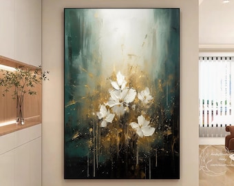 Original Gold Floral Painting Large Lotus Landscape Wall Art Abstract Lotus Flower Oil Painting Modern Green Minimalist Living Room Decor