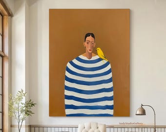 Vintage Woman Figurative Canvas Art Large Abstract Portrait Painting Neutral Figure Painting Bohemian Minimalist Painting for Living Room