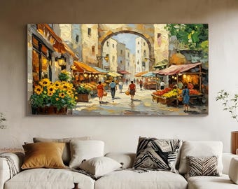 Original Hand Painted European Street Oil Painting on Canvas, Mediterranean Market Scene Wall Art, Textured City Landscape Home Decor Gift