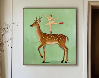 Original Handmade Canvas Oil Painting Deer Minimalist Art Ballerina Canvas Wall Decor