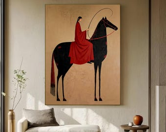 Original Abstract Horse Figure Oil Painting Vintage Man Portrait Art Large Beige Minimalist Decor