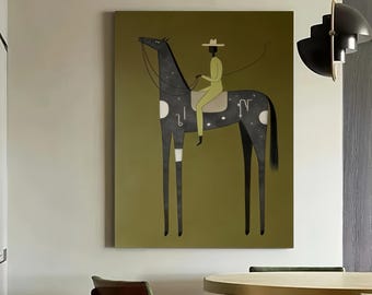 Large Green Abstract Equestrian Painting Retro Wabi Sabi Horse Canvas Wall Art