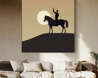 Brown Abstract Horse Rider Figure Painting Horse Art Neutral Home Decor Large Black Minimalist Canvas Vintage Equestrian Wall Art