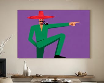 Hand Painted Abstract Portrait Oil Painting, Man with Hat Figure Art, Living Room Decor