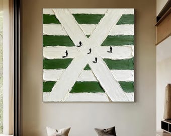 Large 3D Green Textured Wall Art White Stripe Painting Tennis Lovers Gifts Minimalist Art