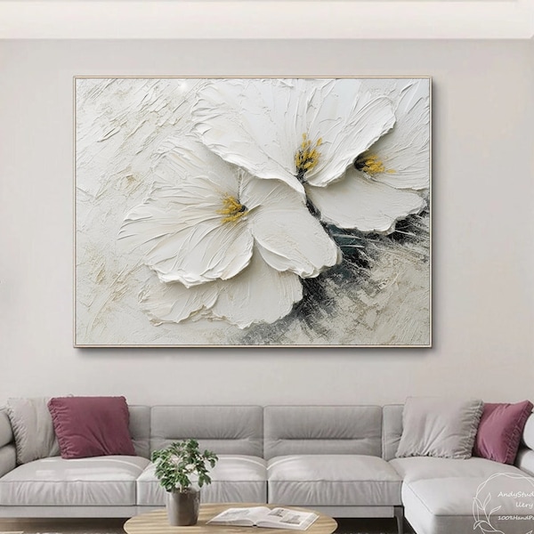 3D weiße Blume Ölgemälde auf Leinwand Original moderne weiße Blume Wand-Dekor schwere strukturierte Acryl-Malerei Blühende Blumen-Wand-Kunst-Geschenk