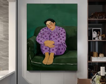 Portrait Painting of Emotions Modern Minimalist Green Couch Decor