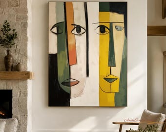 Großes, farbenfrohes kubistisches abstraktes Ölgemälde eines Gesichts – zeitgenössische figurative Porträtkunst – Wohnzimmerdekoration