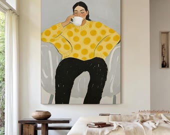 Large Yellow Minimalist Woman Drinking Oil Painting Modern Woman Figurative Canvas