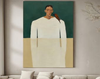 Large Picasso Style Figure Painting Green Abstract Minimalism Wall Art Gift