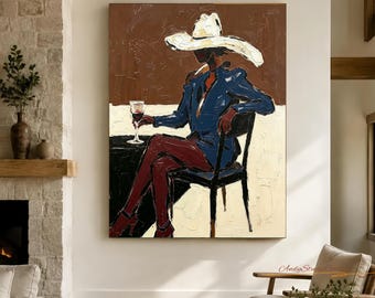 Gemälde einer Frau mit Weinglas, Retro-Wandbild in Blau, moderne figurative Leinwand, Porträt einer eleganten Dame mit Hut, luxuriöse feminine Dekoration