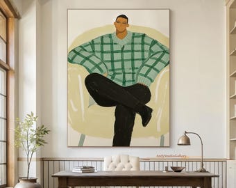 Abstract Cowboy Painting Green Man Portrait Wall Decor Modern Wabi Sabi Art