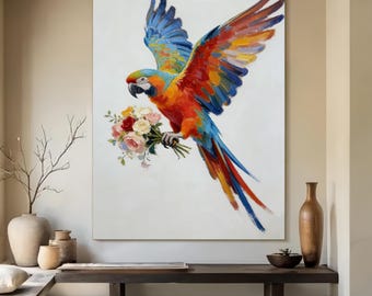 Large Textured Parrot Oil Painting Impasto Palette Knife Anima Bird Wall Art Tropical Bird Decor Gift