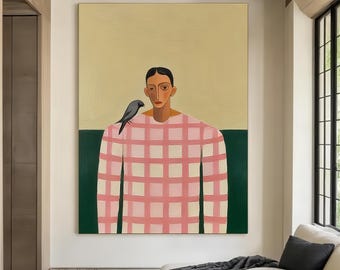 Large Minimalist Woman Portrait Oil Painting Beige Abstract Picasso Figure Wall Art Gift
