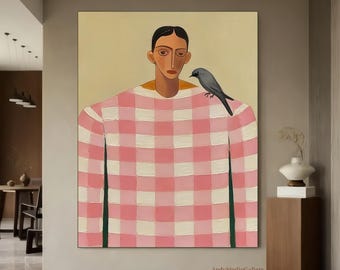 Soft Pink Abstract Woman Portrait with Bird Art Modern Feminine Textured Wall Decor Gift for Girlfriend