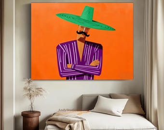 Large western cowboy oil painting modern abstract man portrait wall art