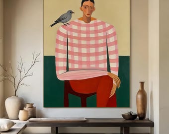 Hand Painted Abstract Figure Painting, Modern Woman Portrait Canvas Art, Pink Textured Minimalist Artwork for Living Room