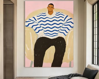 Modern Man Portrait Painting Retro Figurative Canvas Art Large Textured Minimalist Wall Art