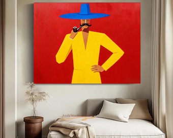 Modern Colorful Western Cowboy Wall Art Abstract Couple Portrait with Hat Oil Painting