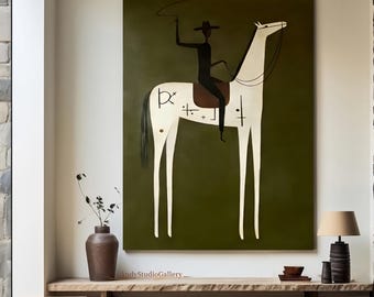 Minimalist West Cowboy on Horseback Painting White Horse Animal Art Olive Green Painting