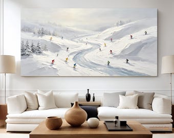 Originale weiße Skisportkunst, 3D-Gips-Wandkunst mit Struktur, personalisiertes Geschenk für Skifahrer, Snowboard-Gemälde, individuelles Skifahrer-Gemälde