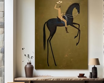 Abstract Cowboy Horse Painting, Minimalist Western Canvas Art, Olive Green Textured Wall Decor
