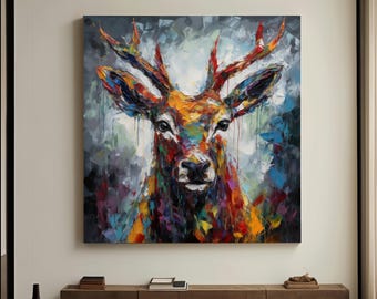 Large Abstract Deer Oil Painting on Canvas, Original Hand-painted Animal Portrait Canvas Wall Art Living Room Home Décor