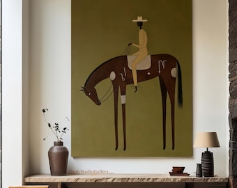 Large Abstract Cowboy Rider Horse Painting Faceless Figurative Canvas Wall Art