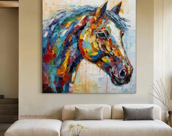 Large Colorful Abstract Horse Oil Painting Textured Knife Animal Artwork Living Room Wall Decor