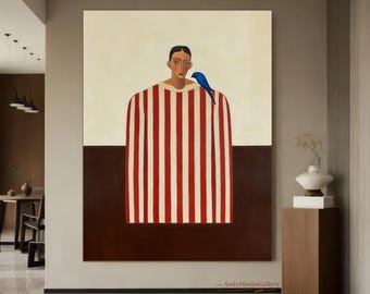 Original Abstract Stripe Figure Painting Modern Minimalist Brown Beige Picasso Style Artwork