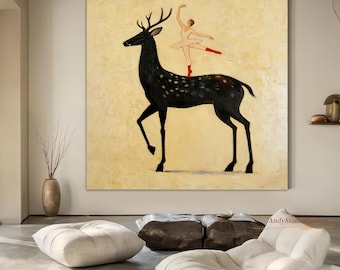Large Abstract Deer Oil Painting on Canvas, Original Hand  Painted Stag Canvas Wall Art, Modern Animal Painting for Living Room, Home Décor