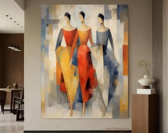 Colorful Dancing Women Painting, Large Impressionist Cityscape Wall Art, Abstract Figurative Canvas, Textured Palette Knife Art