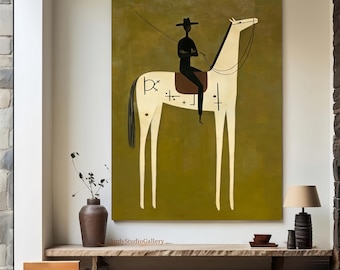 Abstract Horse Rider Painting Sage Green Beige Minimalist Equestrian Canvas Wall Art