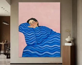 Abstract Stripe Woman Portrait Painting, Modern Blue Wall Art, Living Room Decor