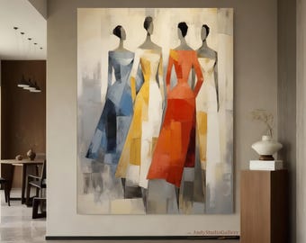 Textured Wall Art Abstract Women Painting On Canvas Elegant Figurative Art Colorful Dress Art Large Modern People Decor Living Room Wall Art