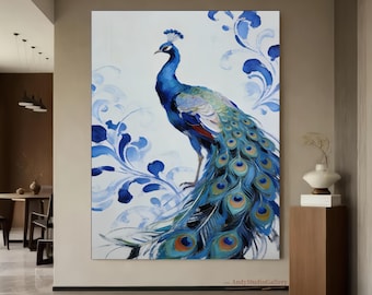 Large Abstract Peacock Oil Painting, Original Hand-painted Peacock Canvas Wall Art