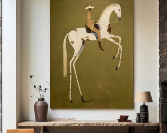 Minimalist Western Cowboy on Spotted White Horse Wall Art, Olive Green Equestrian Decor
