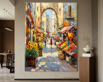 Original French Street Oil Painting on Canvas Hand Painted European Scene Wall Art Sunflower Rustic Impressionist for Living Room Decor