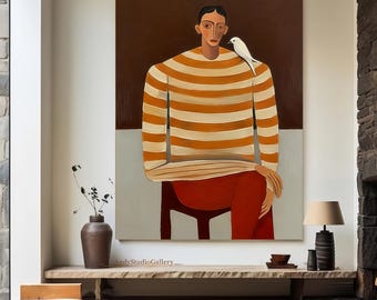 Large Elegant Stripe Lady Portrait Painting Modern Minimalist Figure Hand Painted Canvas Art