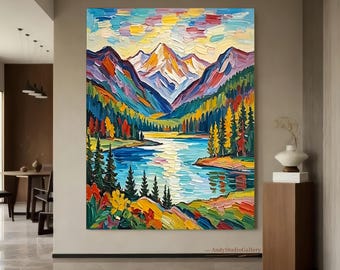 Colorful Mountain Landscape Oil Painting Textured Lake Wall Art Large Impasto Wildflower Art Handmade Nature Art For Living Room Decor