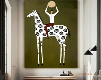 Abstract Floral White Horse Rider Wall Art Nordic Wabi Sabi Home Decor For Living Room